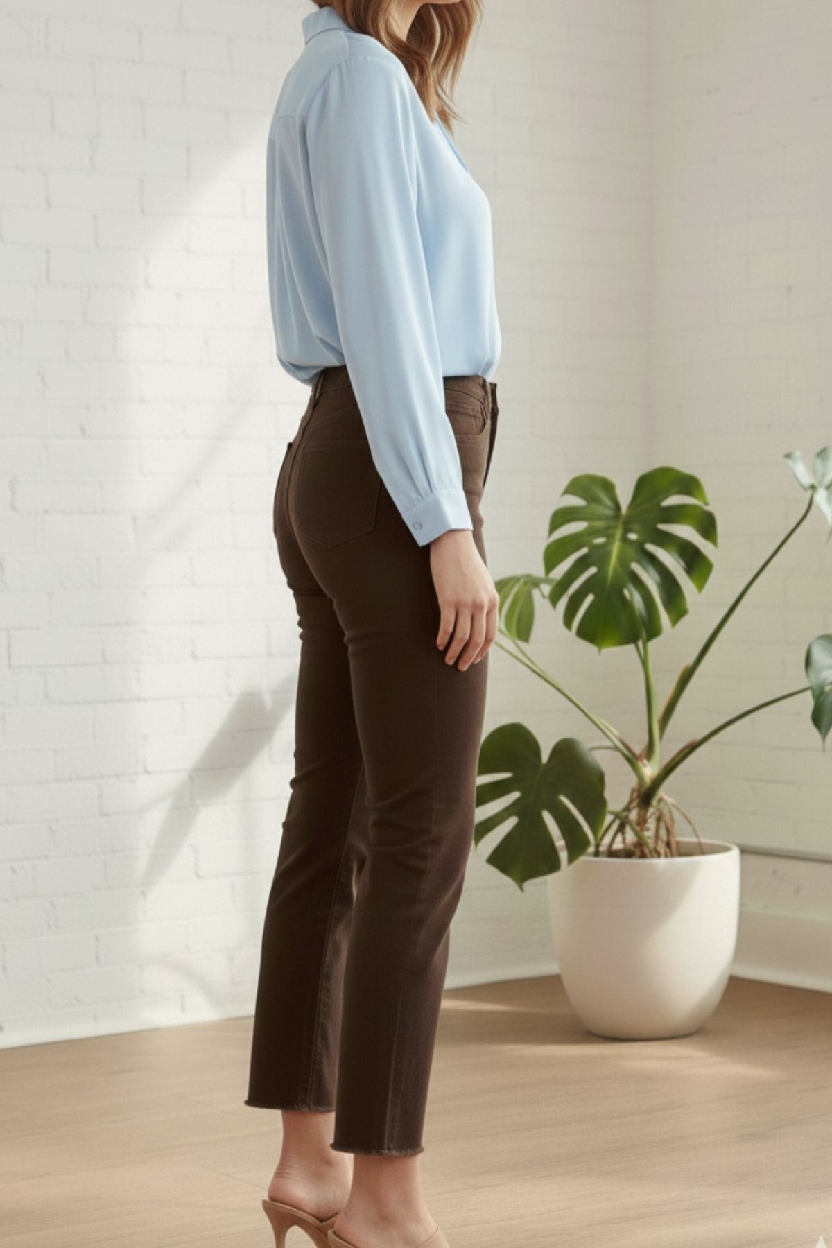  Yüksek bel boy fit kadın pantolon -Aci Kahve