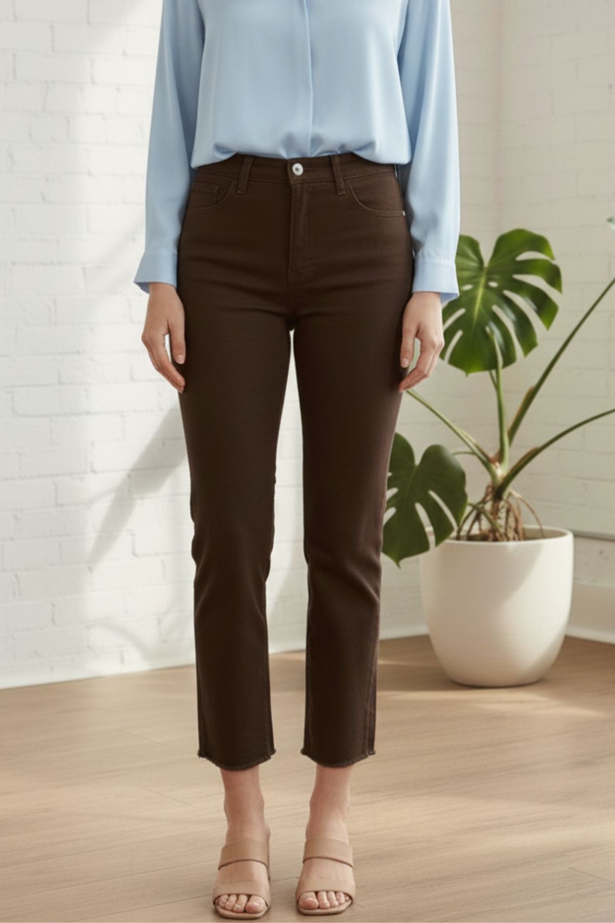  Yüksek bel boy fit kadın pantolon -Aci Kahve