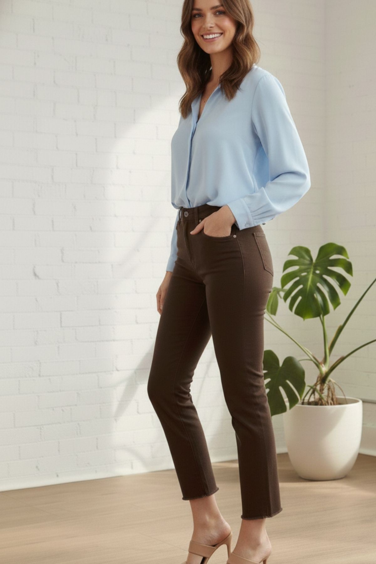  Yüksek bel boy fit kadın pantolon -Aci Kahve