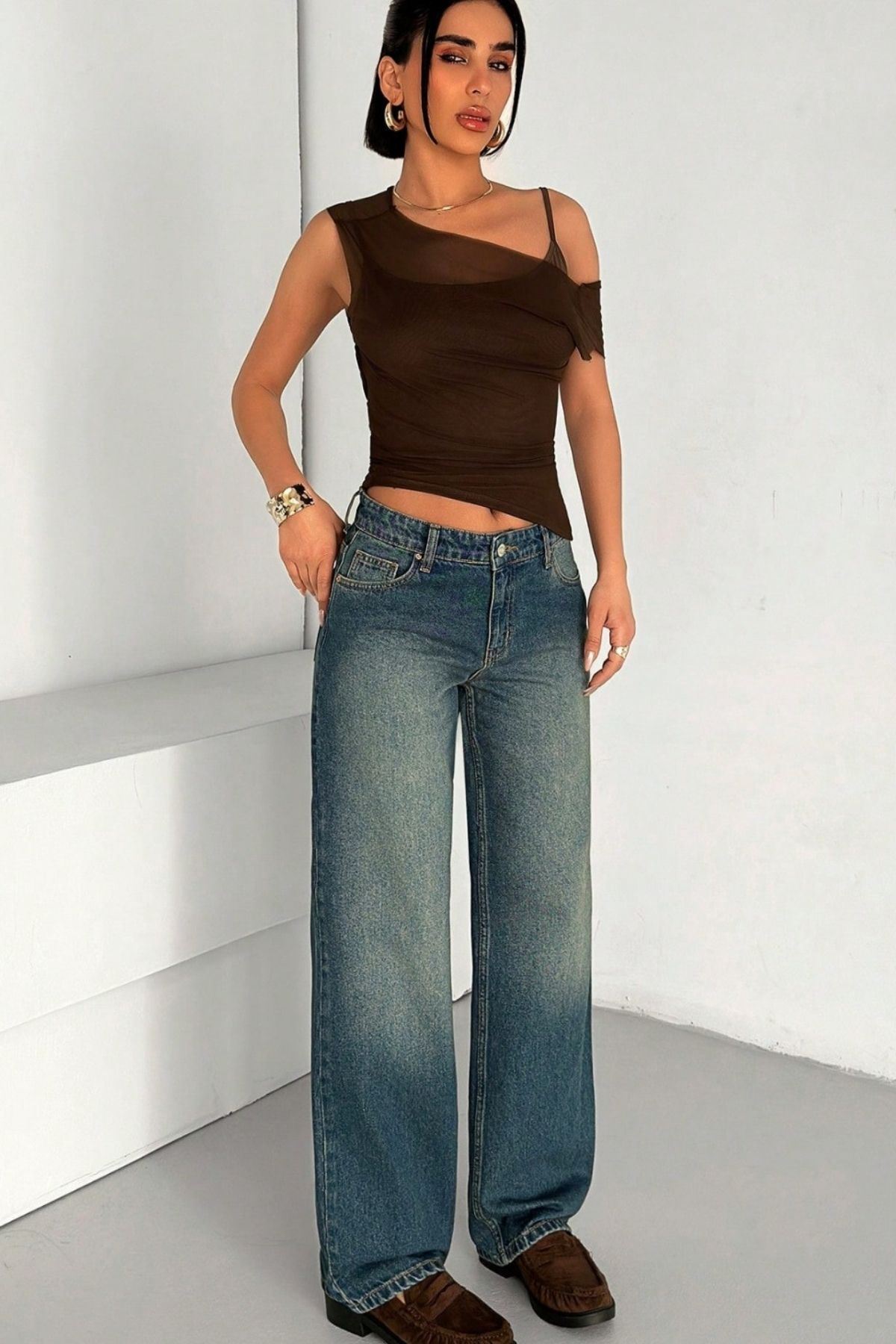 Kadın Yüksek Bel Wide Leg Denim Jean – Vintage Mavi