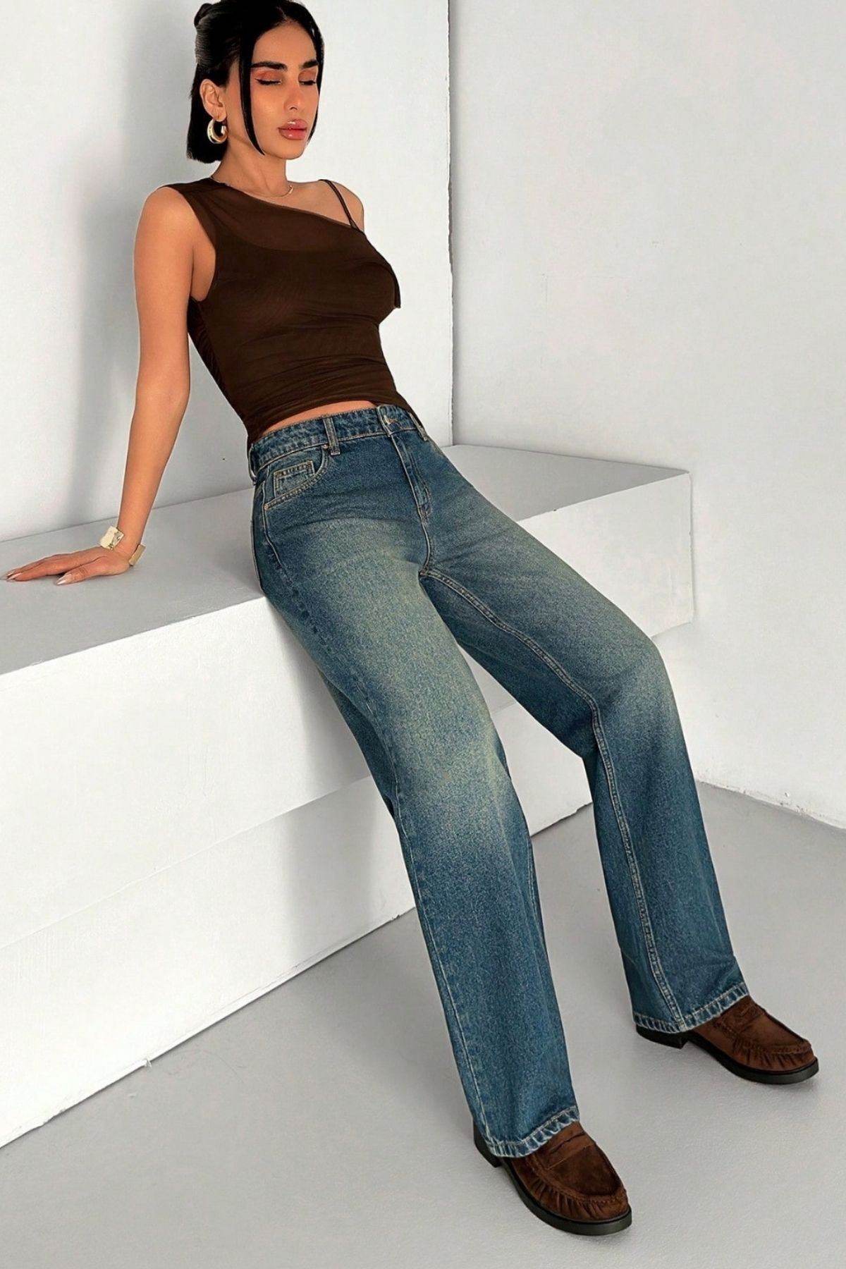 Kadın Yüksek Bel Wide Leg Denim Jean – Vintage Mavi