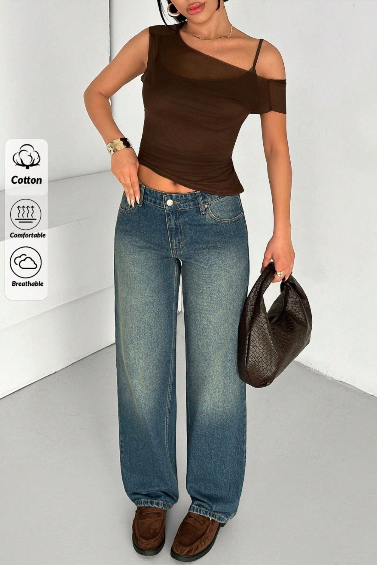 Kadın Yüksek Bel Wide Leg Denim Jean – Vintage Mavi