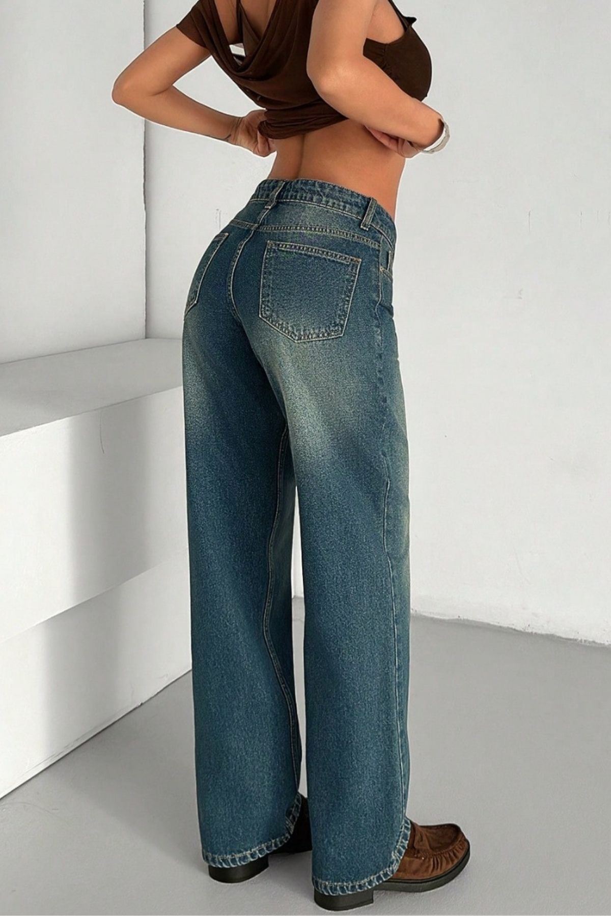 Kadın Yüksek Bel Wide Leg Denim Jean – Vintage Mavi