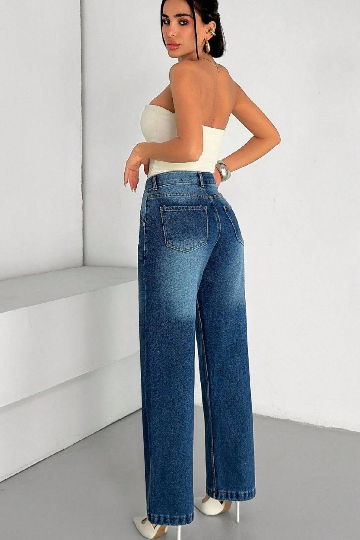 Kadın Yüksek Bel Wide Leg Denim Jean –Mavi 