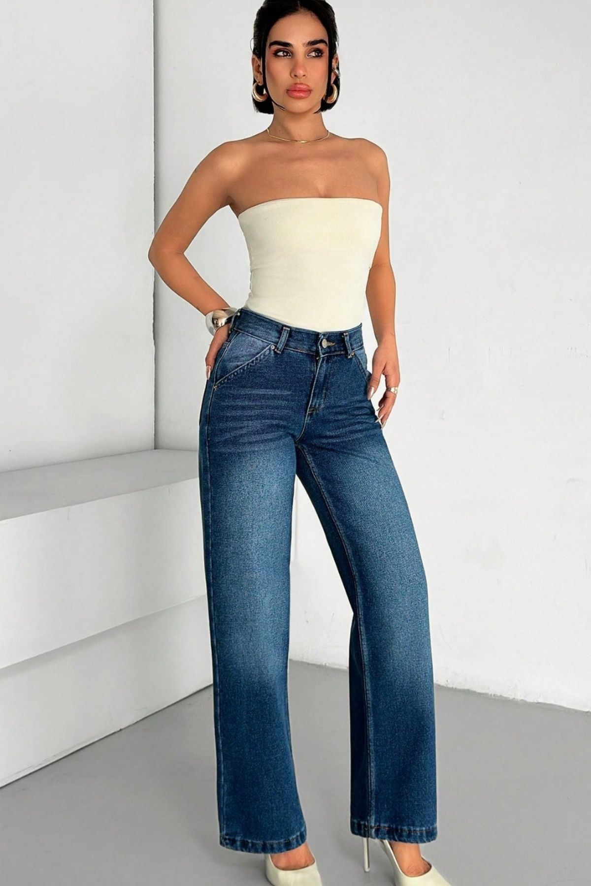Kadın Yüksek Bel Wide Leg Denim Jean –Mavi 