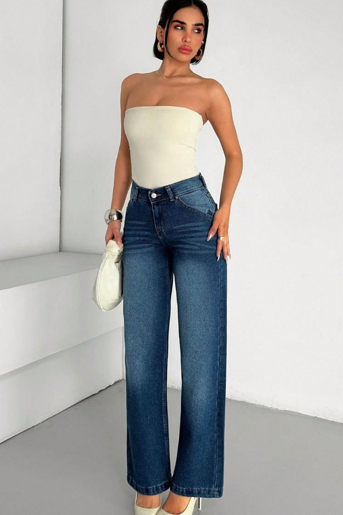 Kadın Yüksek Bel Wide Leg Denim Jean –Mavi 