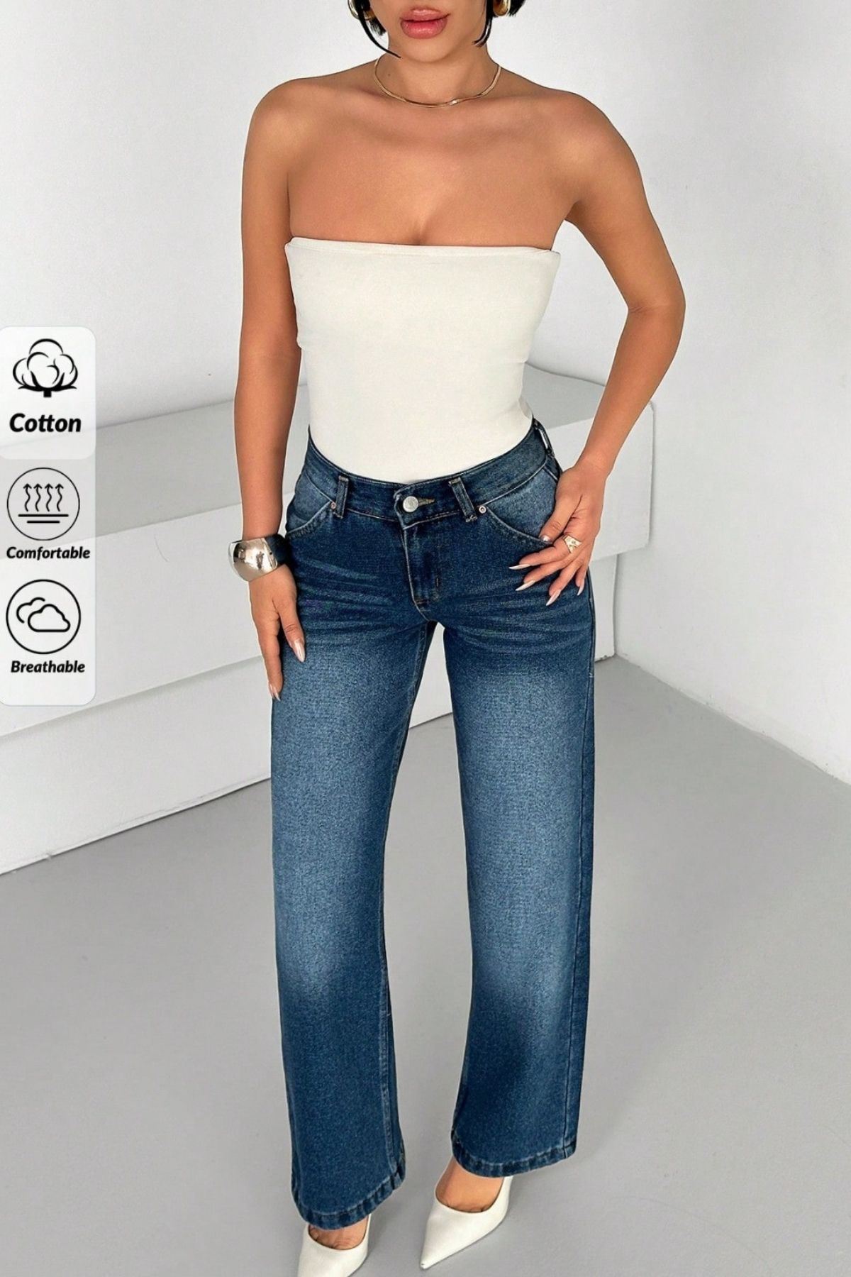 Kadın Yüksek Bel Wide Leg Denim Jean –Mavi 