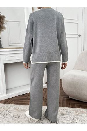 Kadın Etek Ucu Şeritli Triko İkili Takım -Gri