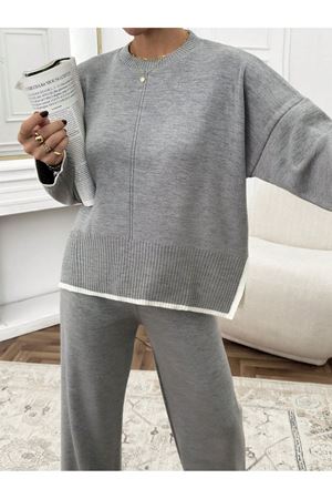Kadın Etek Ucu Şeritli Triko İkili Takım -Gri