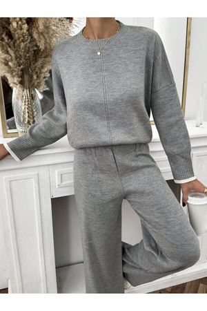 Kadın Etek Ucu Şeritli Triko İkili Takım -Gri