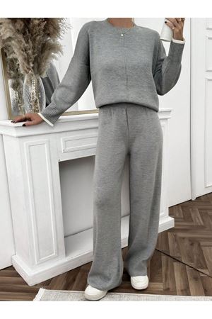 Kadın Etek Ucu Şeritli Triko İkili Takım -Gri