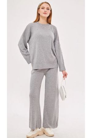 Sıfır yaka taş detaylı triko takım -Gri