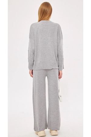 Sıfır yaka taş detaylı triko takım -Gri