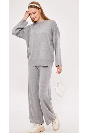 Sıfır yaka taş detaylı triko takım -Gri