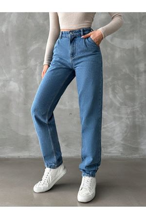 Denim mom jean yüksel bel paça pensli pantolon - Mavi