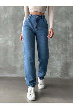 Denim mom jean yüksel bel paça pensli pantolon - Mavi