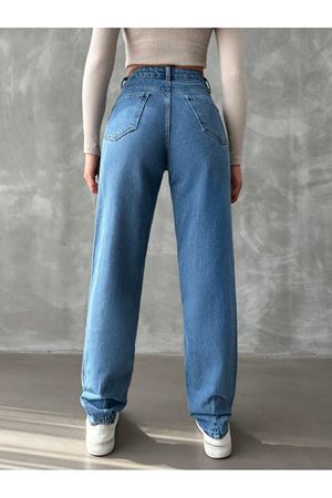 Denim mom jean yüksel bel paça pensli pantolon - Mavi
