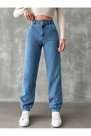 Denim mom jean yüksel bel paça pensli pantolon - Mavi