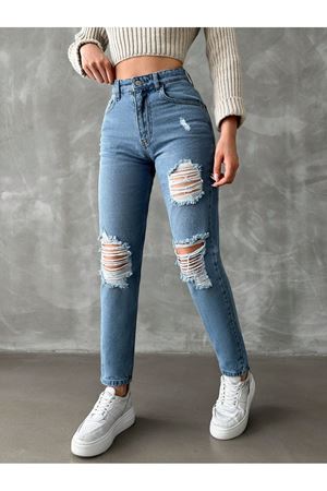 Denim lazer kesim yırtık mom jean pantolon - Mavi