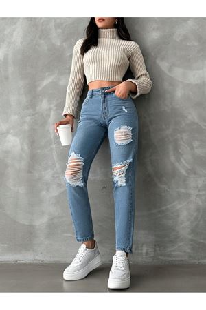 Denim lazer kesim yırtık mom jean pantolon - Mavi