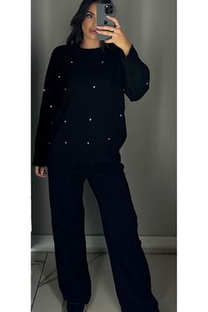 Sıfır yaka taş detaylı triko takım - Siyah