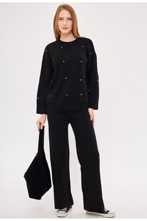 Sıfır yaka taş detaylı triko takım - Siyah