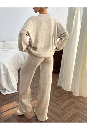 Sıfır yaka taş detaylı triko takım - bej