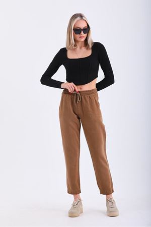 belli lastikli arka cep fleto paça püsküllü pantolon - Taba