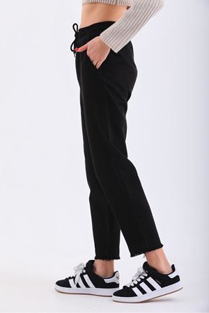 Belli lastikli arka cep fleto paça püsküllü  pantolon -Siyah