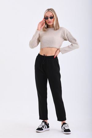 Belli lastikli arka cep fleto paça püsküllü  pantolon -Siyah
