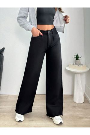 Paça püskül  rahat kesim kadın jean pantolon -Siyah