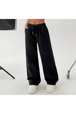 Bol Paça Püsküllü Gabardin Pantolon -Siyah