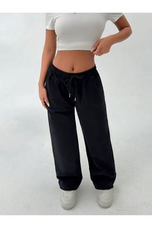 Bol Paça Püsküllü Gabardin Pantolon -Siyah