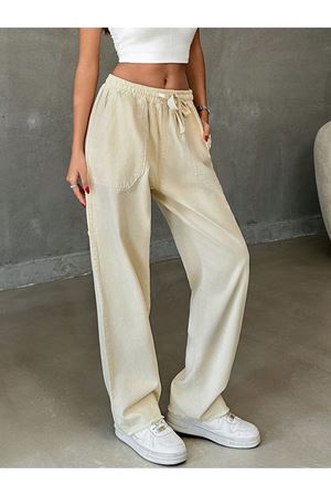 Torba cepli belli lastikli paça püsküllü pantolon - Bej