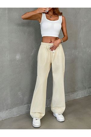 Torba cepli belli lastikli paça püsküllü pantolon - Bej
