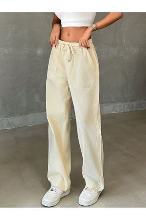 Torba cepli belli lastikli paça püsküllü pantolon - Bej