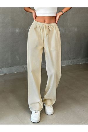 Torba cepli belli lastikli paça püsküllü pantolon - Bej