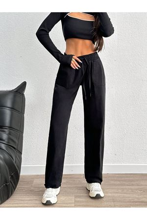 Torba cepli belli lastikli paça püsküllü pantolon - Siyah