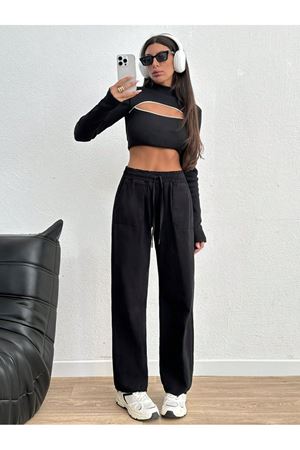 Torba cepli belli lastikli paça püsküllü pantolon - Siyah