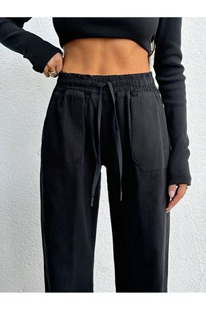 Torba cepli belli lastikli paça püsküllü pantolon - Siyah