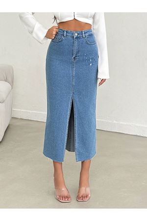 Derin Yırtmaçlı Yüksek Bel Uzun Denim Etek -Mavi