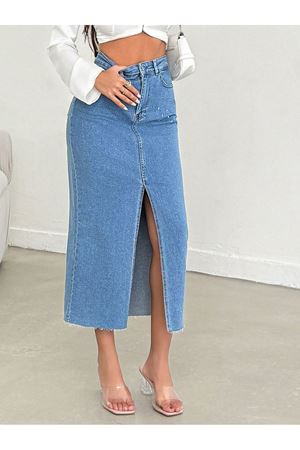 Derin Yırtmaçlı Yüksek Bel Uzun Denim Etek -Mavi