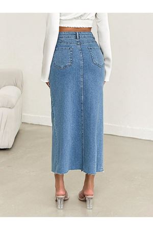 Derin Yırtmaçlı Yüksek Bel Uzun Denim Etek -Mavi