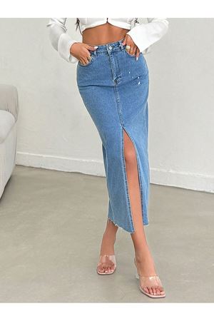 Derin Yırtmaçlı Yüksek Bel Uzun Denim Etek -Mavi