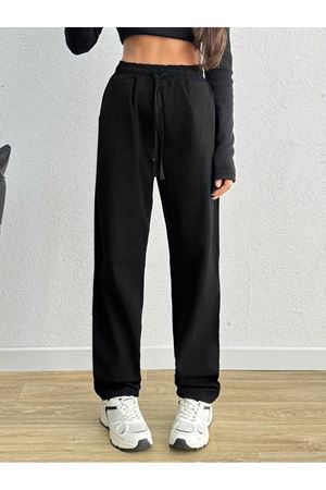 Duz Paça bel lastikli Cepli gabardin Pantolon  -Siyah