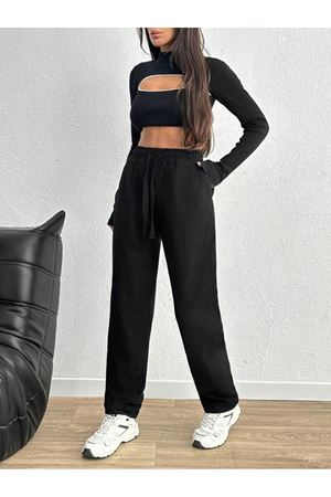 Duz Paça bel lastikli Cepli gabardin Pantolon  -Siyah