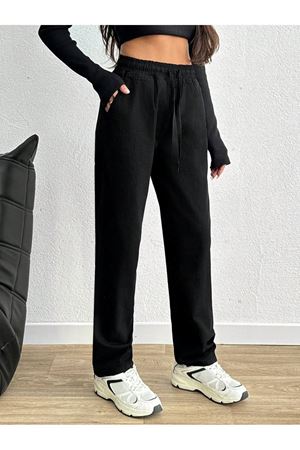 Duz Paça bel lastikli Cepli gabardin Pantolon  -Siyah