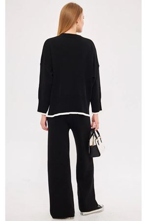 Kadın Etek Ucu Şeritli Triko İkili Takım -Siyah