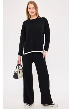 Kadın Etek Ucu Şeritli Triko İkili Takım -Siyah