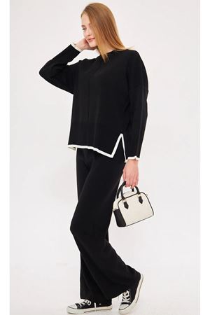 Kadın Etek Ucu Şeritli Triko İkili Takım -Siyah